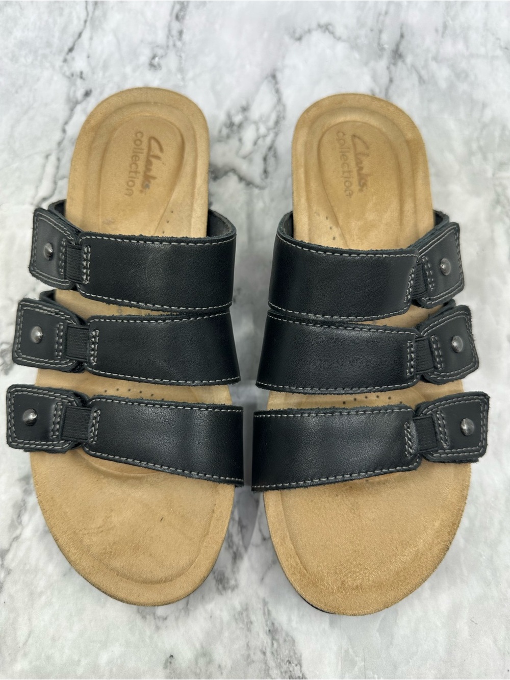 Clarks Black Triple-Strap Leather Slide Sandals